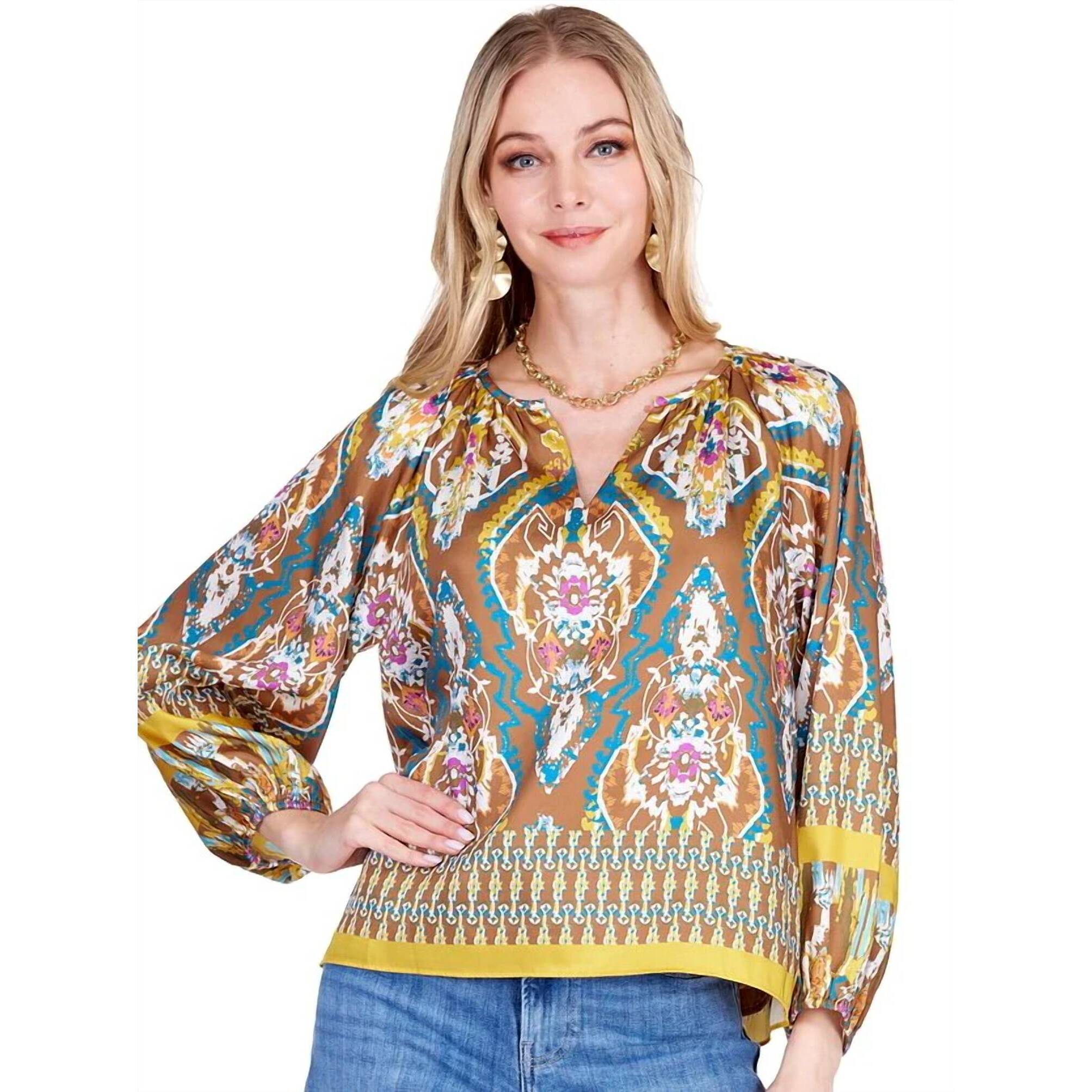 New Joy Joy Peasant Long Sleeve Top In Tribal Plains